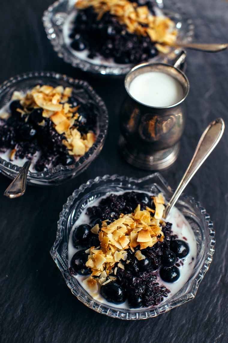 Cardamom-Infused Black Rice Porridge with Blueberries + Coconut 